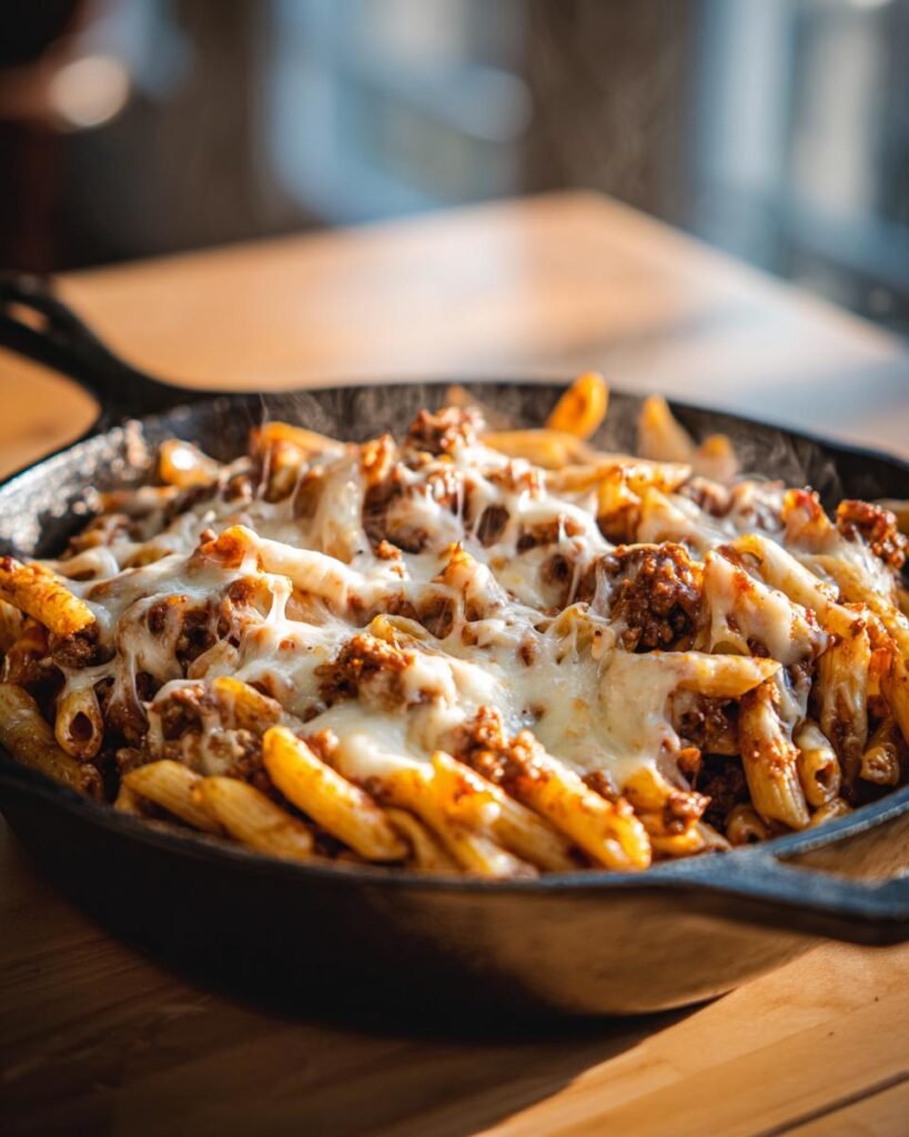 Cheesy hamburger pasta skillet