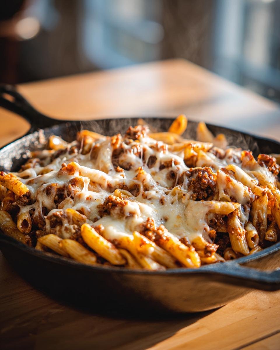 Cheesy hamburger pasta skillet