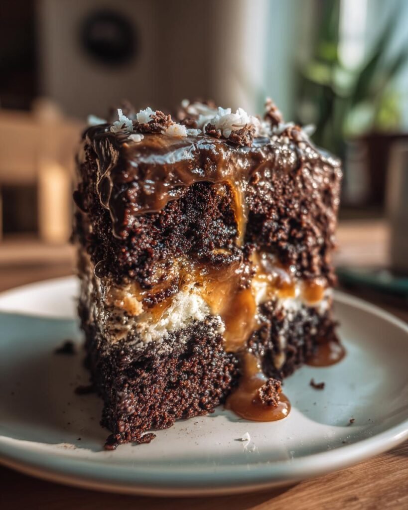 Girl Scout cookie cake (caramel + coconut + chocolate)