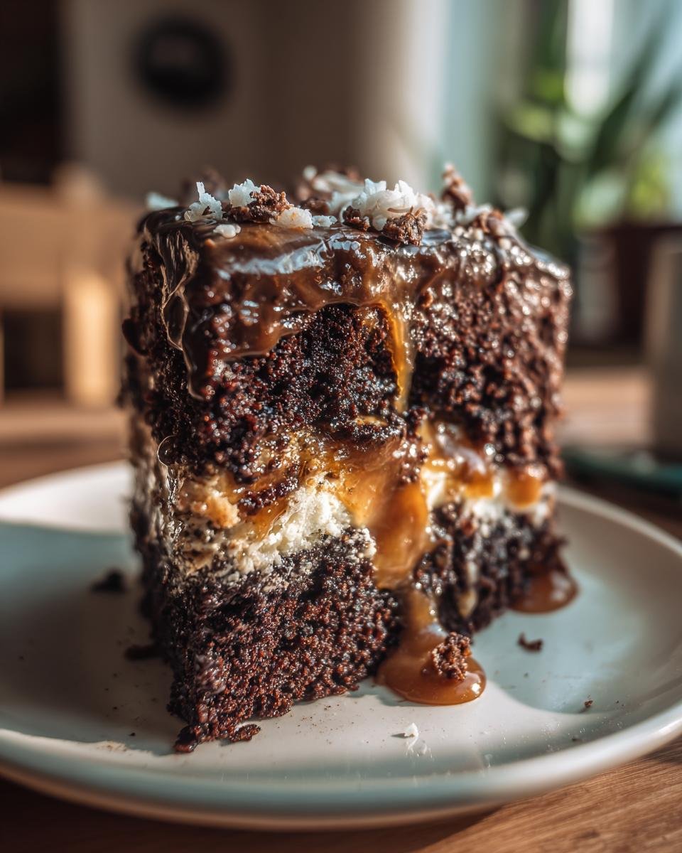 Girl Scout cookie cake (caramel + coconut + chocolate)