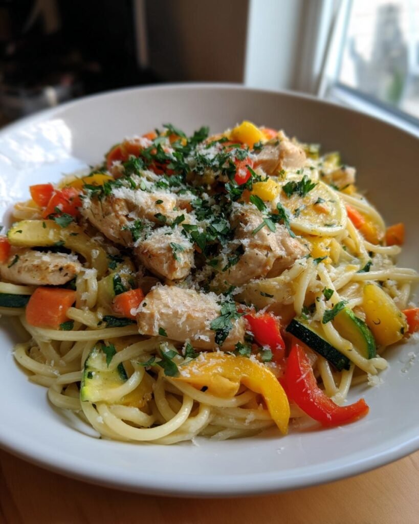 Lemon chicken pasta primavera (fresh seasonal dish)