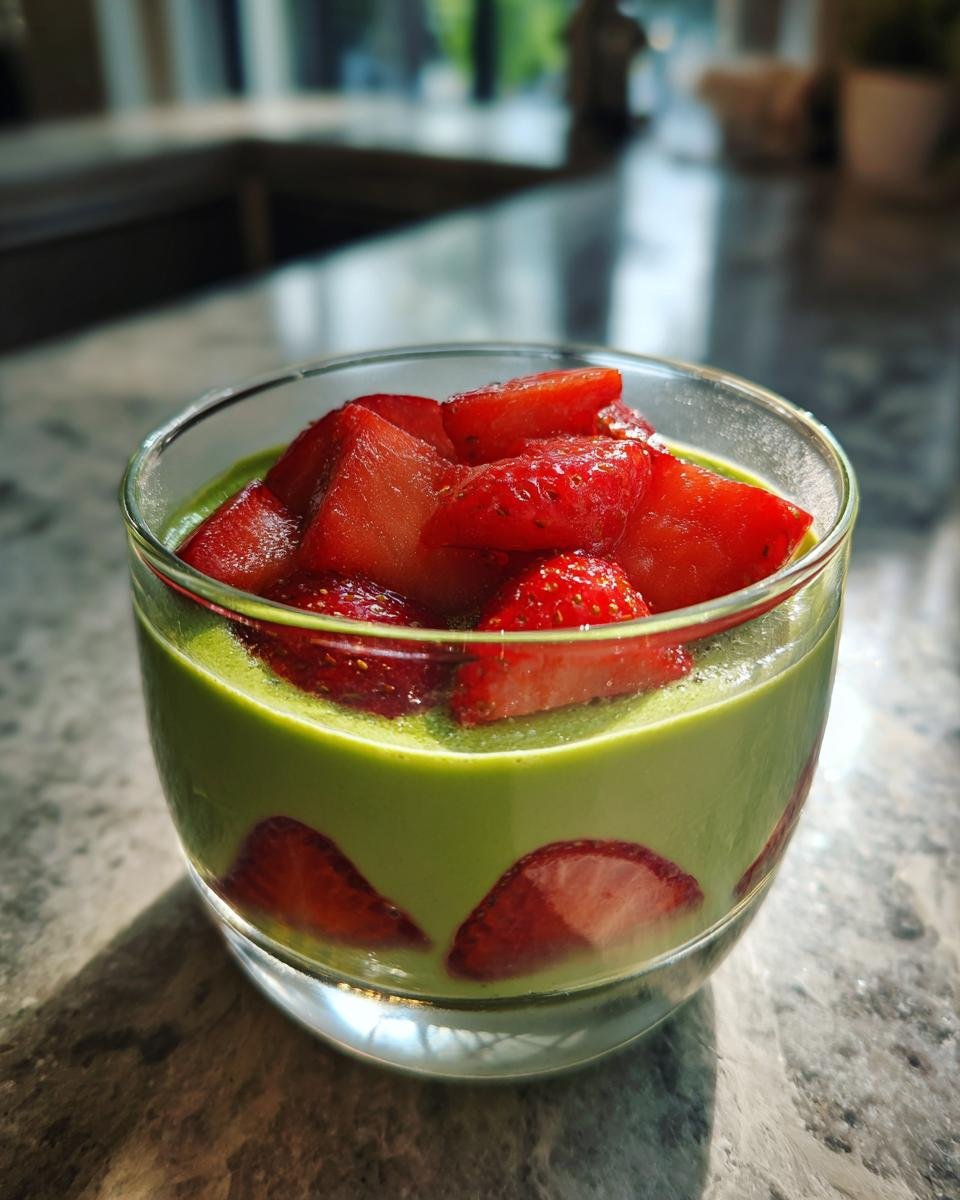 Matcha strawberry pudding (fusion dessert)