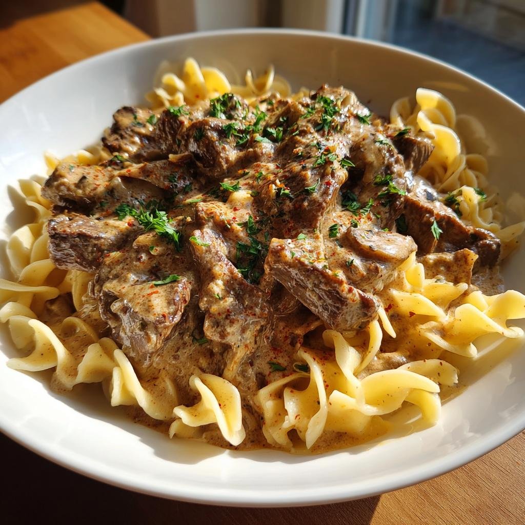 Rinderstroganoff mit Eiernudeln