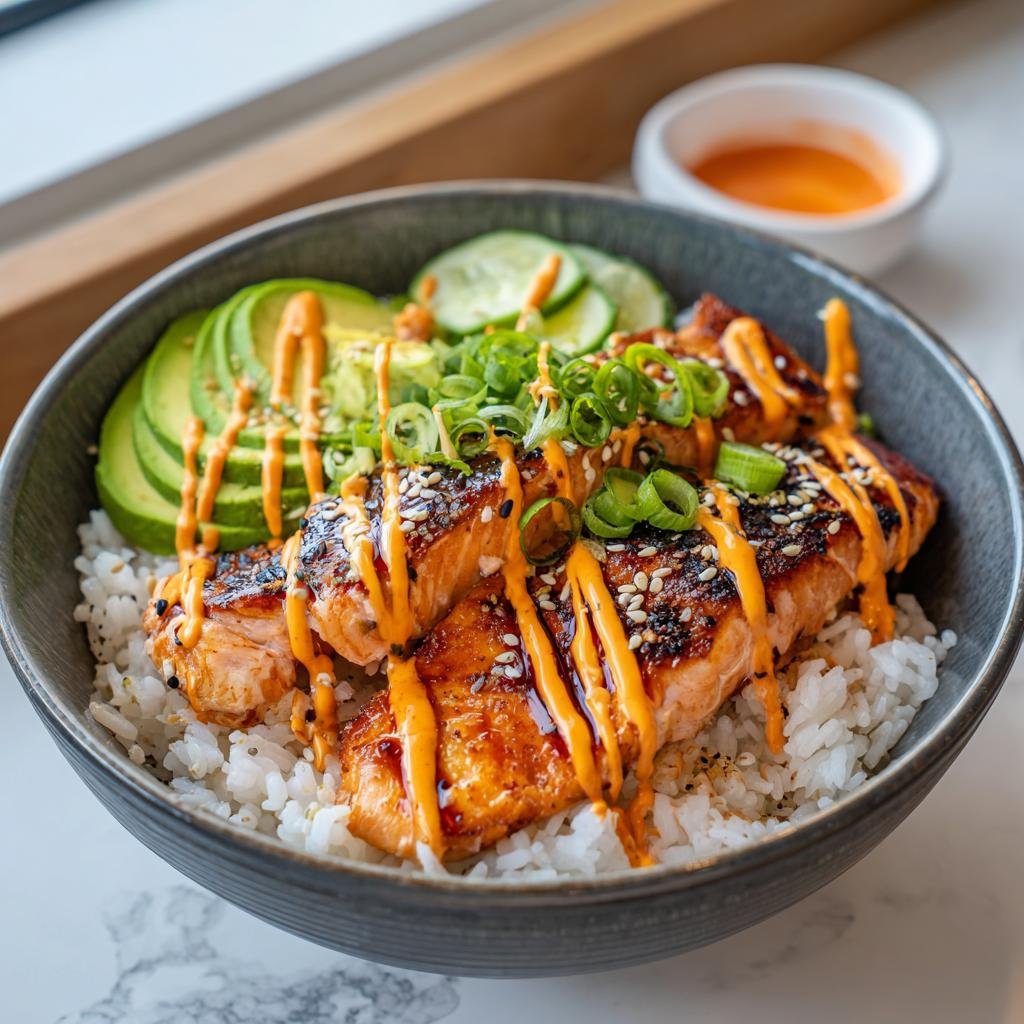 Salmon rice bowl with spicy mayo