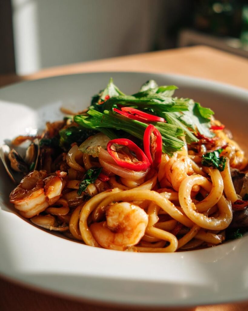 Tom yum seafood pasta (Asian fusion)
